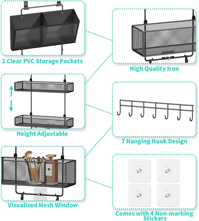 HapiRm Over Door Organizer Hanging - 6 Tier Over The Door Storage with Visual Pockets & Hooks, with 4 Metal Large Capacity Baskets for Bathroom Bedroom Kitchen Pantry Cabinet