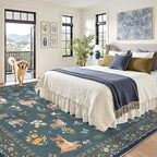 Soalmost Dog 9x12 Area Rugs for Living Room, Machine Washable Animal Floral Vintage Rug Non-Slip Low Pile Soft Throw Large Rugs for Classroom Bedroom Dining Room Nursery Playroom (9 x 12,Navy Blue)