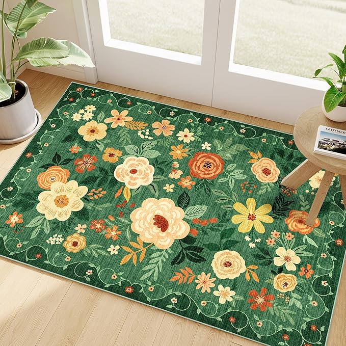 DUKINO 2x3 Rugs for Entryway, Floral Indoor Washable Door Mat, Non Slip Boho Small Rug for Kitchen, Soft Low Pile Front Door Throw Rug for Entrance, Bedroom, Kitchen, Laundry, Bathroom, Dark Green