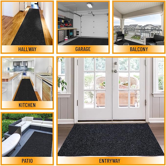 Ottomanson 2'7" x 37' Hallway Runner with Scraper Pile - Extra Durable Non-Slip Rug Mat for Indoor & Outdoor Use - Ideal for Kitchen, Entryway & Garage - High-Traffic Carpet, Black