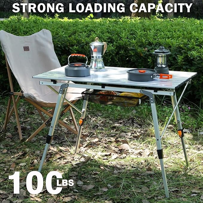 JOUYEK Folding Outdoor Camping Table with Adjustable Legs, Lightweight Aluminum Roll Up Camp Table with Carrying Bag, Mesh Storage Organizer, for Cooking, Picnic, Beach, Backyards, BBQ, Party