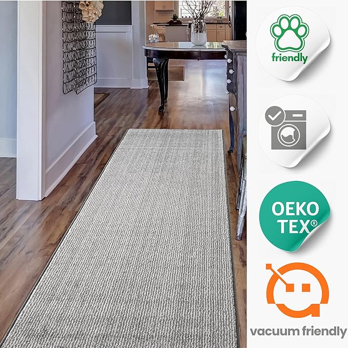 12ft Custom Hallway Rug - Striped Grey | Non-Slip Rubber Backed | Washable & Pet Friendly | No-Fray Edge Finished
