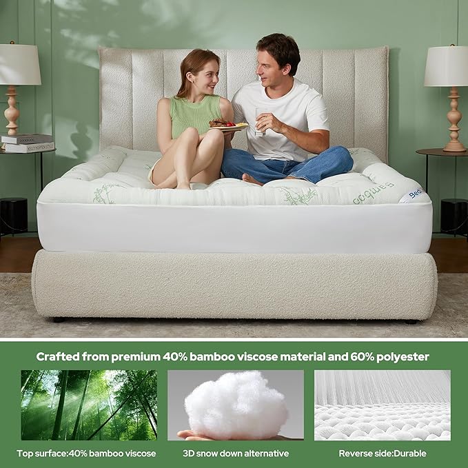 BEDLORE Full Size Mattress Topper Viscose Derived from Bamboo, Thick Pillow Top Mattress Pad with Stretchable Pockets for 6"-15" Mattress, Breathable Mattress Topper for Back Pain Relief