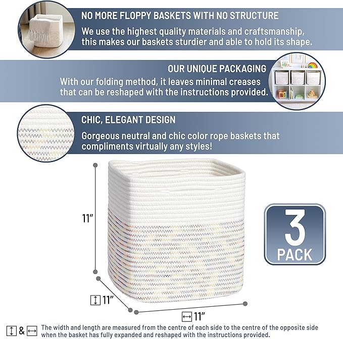 NaturalCozy Storage Cubes 11 Inch Cotton Rope Woven Baskets for Organizing, 3-Pack | Cube Storage Bin | Square Storage Baskets for Shelves Organizer, Classroom, Kids Toy Bins, Closet, Baby Nursery