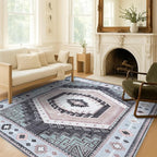 Fame Living Washable Area Rug. Modern Farmhouse. Vintage. Turkish. Bohemian. Distressed. Oriental. Traditional. Rugs for Living Room. Dining. Bedroom. Office. Entryway. (856BlckGry, 7'5" x 9'8")