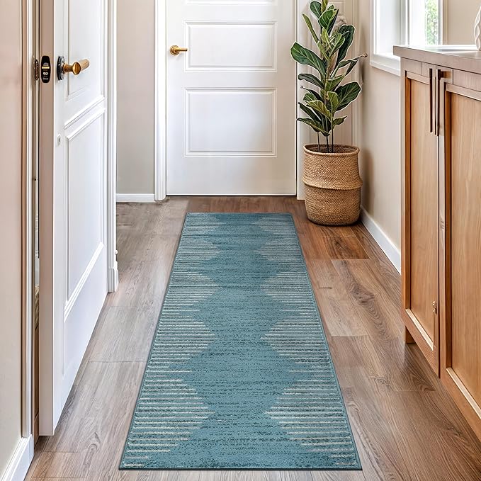 Rugshop Bohemian Stripe Stain Resistant High Traffic Living Room Kitchen Bedroom Dining Home Office Area Rug 2' x 7' Blue