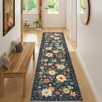DUKINO 2x8 Runner Rug for Hallway, Washable Kitchen Runner Rug with Rubber Backing Non Slip, Low Pile Soft Boho Floral Thin Carpet for Entryway, Hallway, Bathroom, Laundry Room, Navy Blue