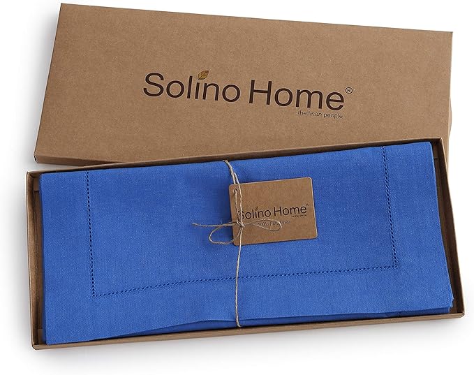 Solino Home Linen Royal Blue Table Runner 156 Inches Long - 100% Pure Linen Extra Long Table Runner 14 x 156 Inch for Christmas, New Year - Classic Hemstitch