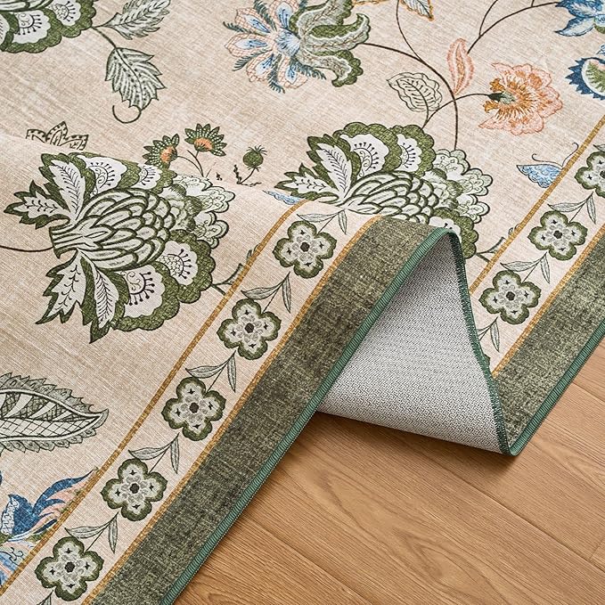 jinchan Elora 2x5 Floral Runner Rug for Hallway Washable Kitchen Runner Vintage Romance Design Non Slip Thin Indoor Floor Cover Low-Profile Throw Carpet for Entryway Bedroom Porch, Green/Beige