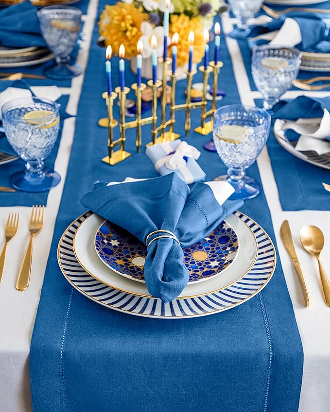 Solino Home Linen Indigo Blue Table Runner 90 Inches Long - 100% Pure Linen 14 x 90 Inch Table Runner for Christmas, Winter, New Year - Classic Hemstitch