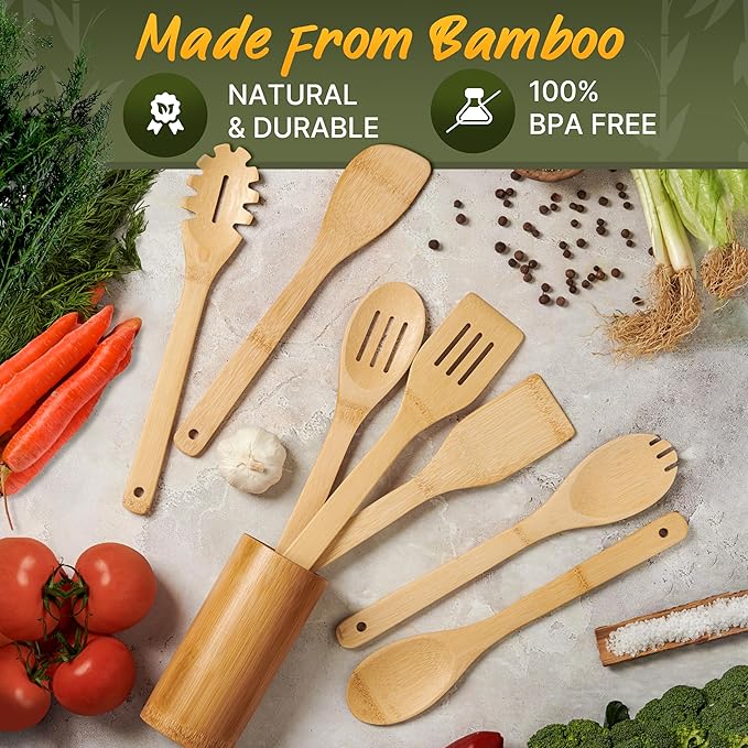 Bamboo Utensils 7 PCs with Holder – Bamboo Cooking Utensils Set + Holder for Nonstick – Wooden Spoon Sets for Cooking – Easy to Clean, Sturdy, Lightweight & Heat Resistant