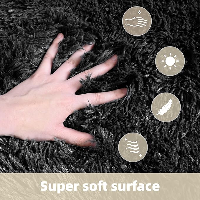 2x3 Solid Fluffy Black Area Rug – Washable, Durable, Small Bedroom Rug, Non-Slip High Pile Shag Rugs for Living Room, Bedroom, Bedside, Dorms,Grils Rooms, Kids Room, Soft Indoor Floor Carpet