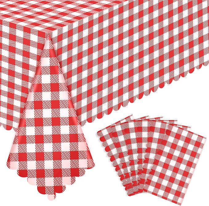 6 Pack Red and White Checkered Tablecloth, 54 X 108Inch Plastic Red Gingham Table Cloth Disposable Spring Picnic Tablecloth Waterproof Red Checkered Table Cover for BBQ Picnic Barbecue Birthday Party