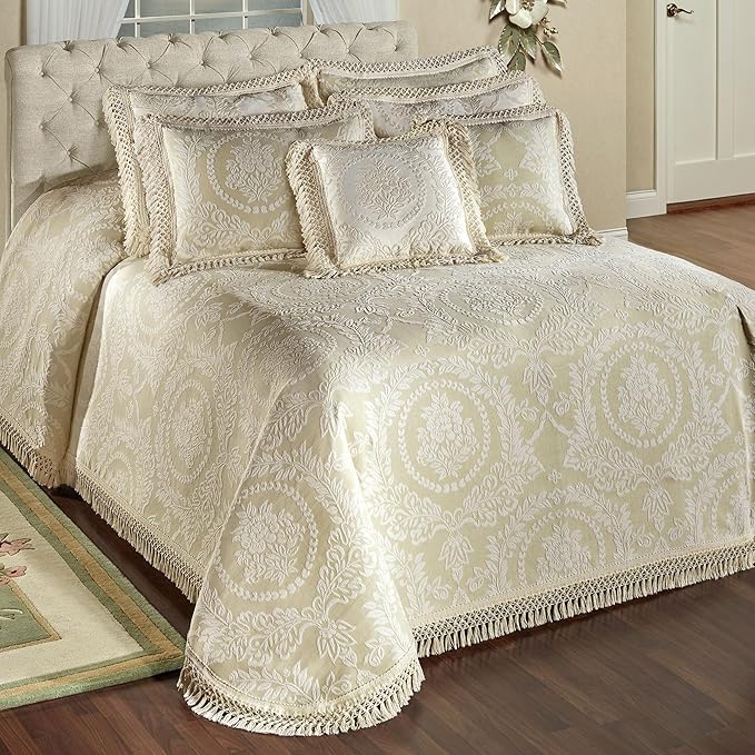 Timeless Vintage Style Bedding | Neutral Sage and Ecru | Textured Matelasse Rose Medallions and Leaves | 6 Pc Lightweight Bed Set: Oversized California King Bedspread, 4 King Shams, & Square Pillow