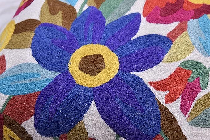 Cream Floral Pillow Cover Blue Flower Pillowcase Boho Cushion Florals Accent Throw Pillowsham Wool Hand Embroidered Size 18x18