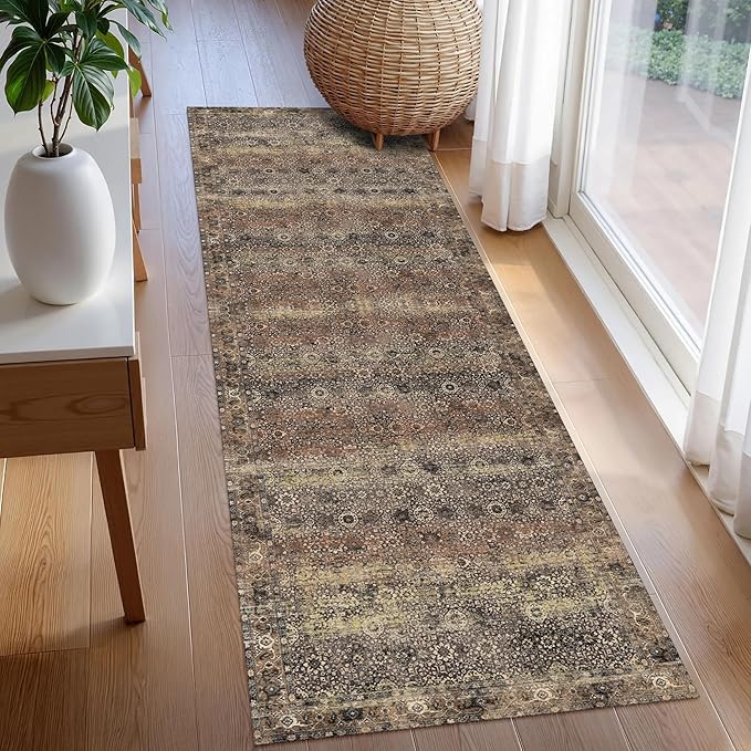 Washable Area Rug 2'6'' x 8' Vintage Traditional Persian Mat - Foldable Distressed Non-Slip Machine Washable Carpet for Living Room Bedroom Kitchen Home Decor - Umber and Slate