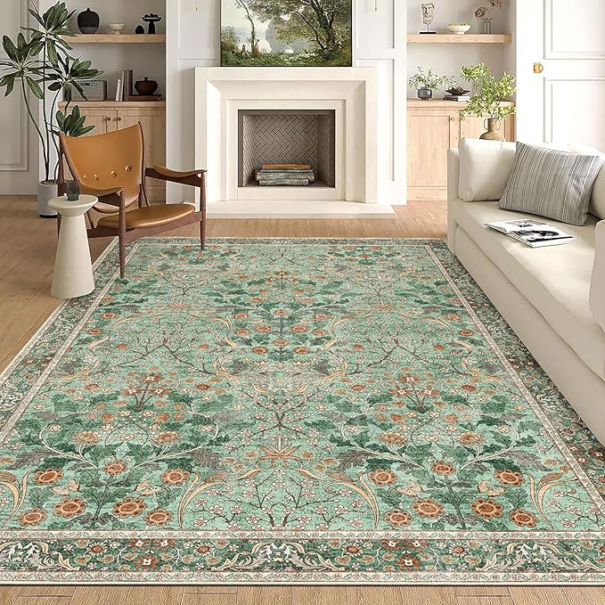 MUJOO Green Washable Rugs 8x10,Floral Area Rug for Living Room Dining Room Bedroom,Large Throw Carpet,Boho Non Slip Indoor Floor Big Soft Botanical Vintage Ultra-Thin