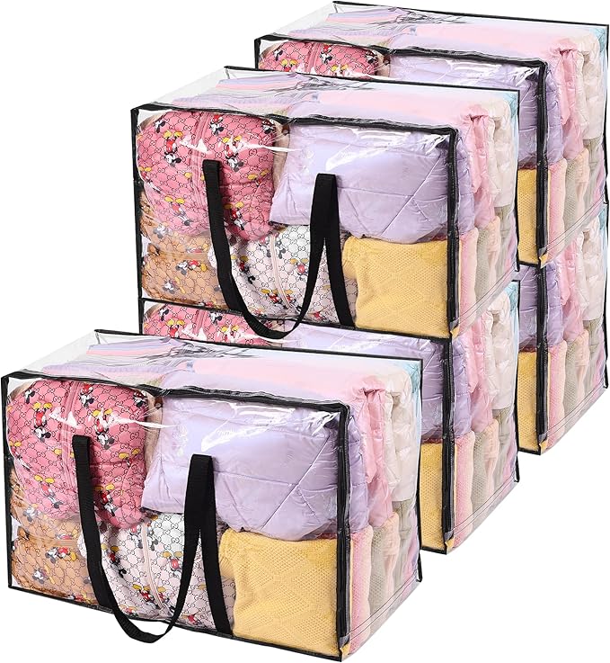 Vieshful 5 Pack Clear Comforter Storage Bag, 110L Over-Sized Clothes Storage Bag with Zipper Closet Organizer, Plastic Storage Containers Moving bags for Comforter, Blanket, Bedding, Duvet, Toys