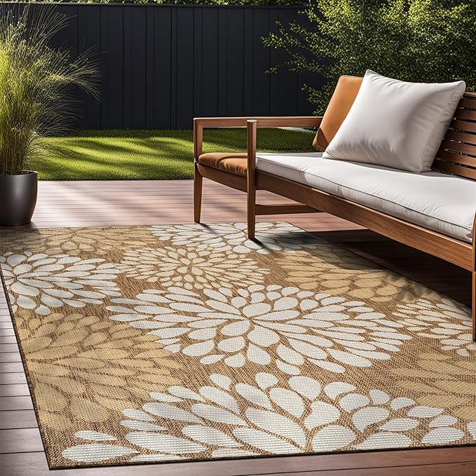 Beverly Rug Outdoor Rug 8x10 Modern Exotic Tropical Leaf Area Rugs for Indoor and Outdoor Patio Deck Porch Garden Water Resistant Washable Outside Carpet (8 x 10 Wooden)