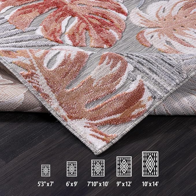 CAMILSON Indoor Outdoor Rug, Multi 5x7 Leaf Tropical Botanical Area Rugs for Indoor and Outdoor patios, Easy-Cleaning Non-Shedding Living Room, Garden and Kitchen Washable Outside Carpet (5 x 7)