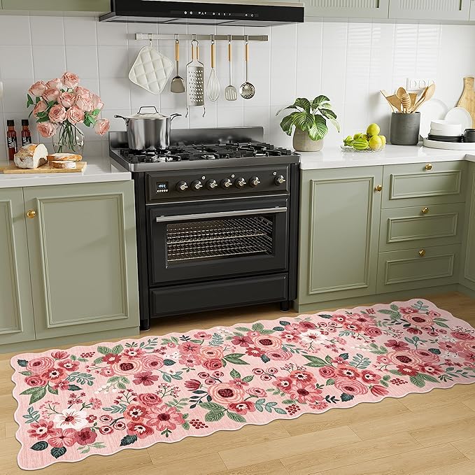 DUKINO 2.6x8 Runner Rug for Hallway, Washable Kitchen Rug with Non Slip Backing & Non-Shediing, Soft Low Pile Floral Design Runner for Bedroom, Kithchen, Living Room, Laundry, Bathroom, Pink