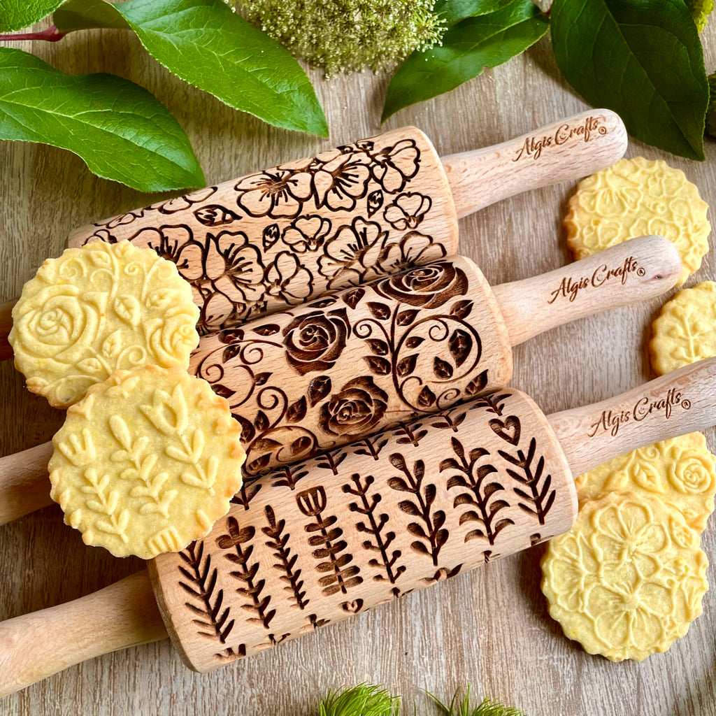 SEASONS 3 Mini Embossed Rolling Pin Set. Wooden Laser Cut Mini Rolling Pins for cookies or clay with spring flowers, tulips, daffodils, strawberries, raspberries, birch, trees by Algis Crafts