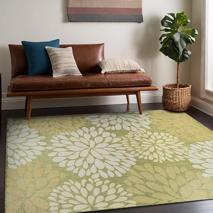 Beverly Rug Outdoor Rug 8x10 Modern Exotic Tropical Leaf Area Rugs for Indoor and Outdoor Patio Deck Porch Garden Water Resistant Washable Outside Carpet (8 x 10 Green)