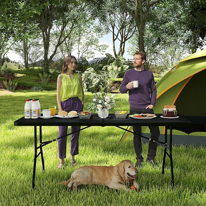 Giantex Folding Picnic Table, 6FT Portable Foldable Tables for Party BBQ, Metal Legs, HDPE, Outdoor Indoor Camping Table with Handle, No Assembly (Black)