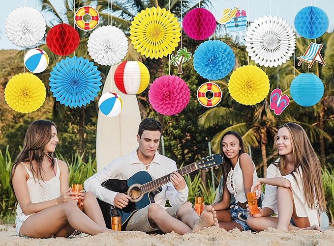 22pcs Summer Pool Party Decorations – Hanging Paper Fans, Beach Ball Lanterns, Pom Poms, Honeycomb for Hawaiian Luau Theme Birthday, Classroom, Outdoor Indoor Decor
