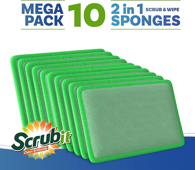 Scrub and Wipe Cleaning Pads [10 Pack] – SCRUBIT Dual Sided Scouring Pad and Sponge - Reusable Kitchen Scrubbing Sponges for Dishes, Pots, Pans Utensils & Non-Stick Cookware (Green)