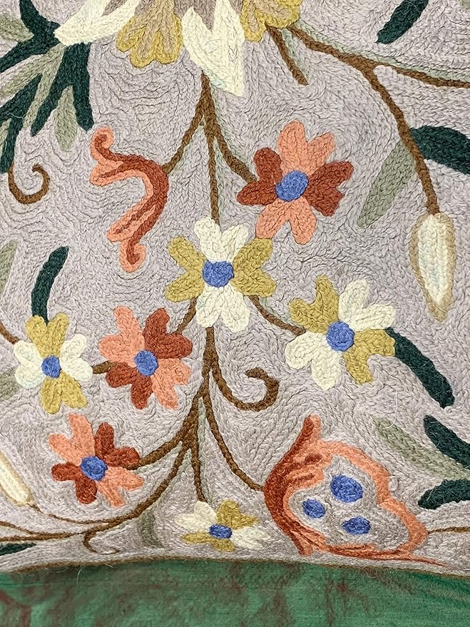 Beige Floral Pillow Cover Taupe Flower Traditional Hand Embroidered Pillowcase Traditional Outdoor Cushion Suzani Couch Flowery Needlepoint Chair Cushion Wool Size - 18x18