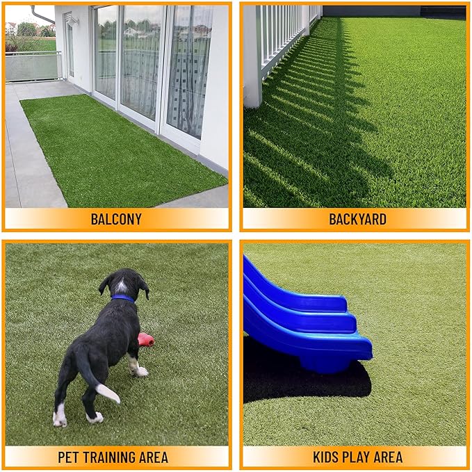 Ottomanson 6'6" x 41' Artificial Faux Grass Rug - Realistic Turf with UV Protection - Perforated for Easy Drainage - Durable, Hose-Off Synthetic Lawn Carpet for Indoor & Outdoor Use, Green