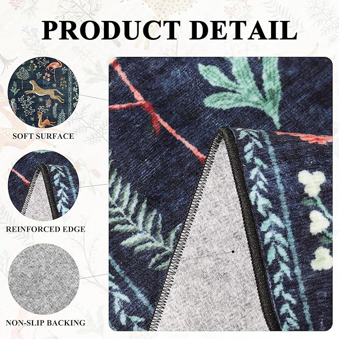 DUKINO 6x9 Rug, Washable Animal Living Room Rug with Non Slip Vintage Design, Soft Low Pile Large Carpet for Bedroom, Nursery, Dining Room, Farmhouse, Playroom, Navy Blue
