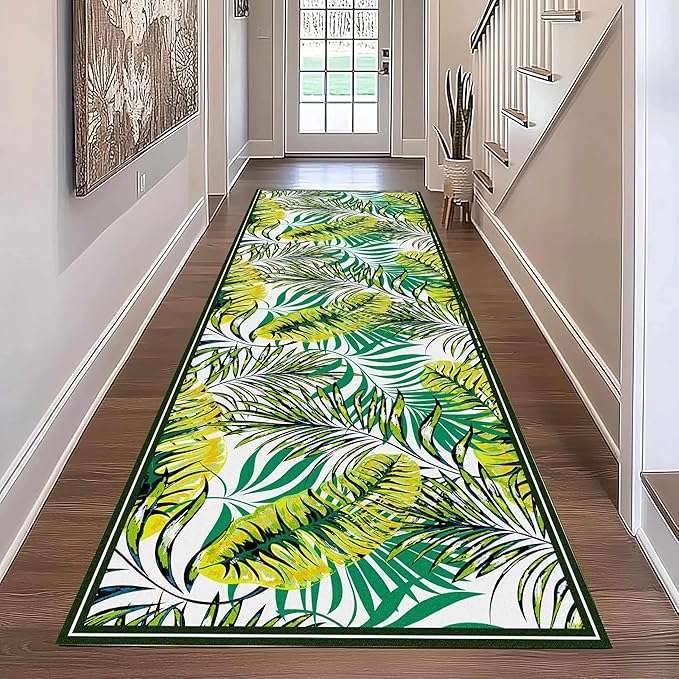 Green Botanical Tropical Leaves Rug 3.3x10ft - Non-Slip Washable Runner, Soft Durable Floor Mat for Hallway, Kitchen, Bedside, Entryway Home Decor