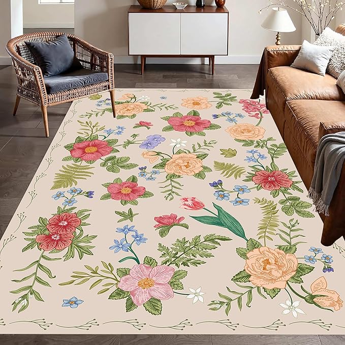 Rustic Flower Area Rug, 3x5ft, Classic Colorful Bohemian Floral Pattern with Beige Large Hall Botanical Rug, Non Slip No Crease Easy Care Girls Room Decor Carpet for Relax Room Bedroom