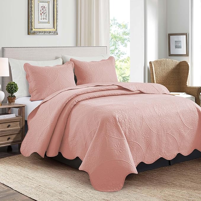 IR Imperial Rooms King Quilt Bedding Set Size (106" x 96") + 2 Pillow Shams (20" x 36"+ 2") - 3 Pcs All Season Lightweight Reversible Microfiber Coverlet Floral Embossed Quilt Bedspread (Baby Pink)