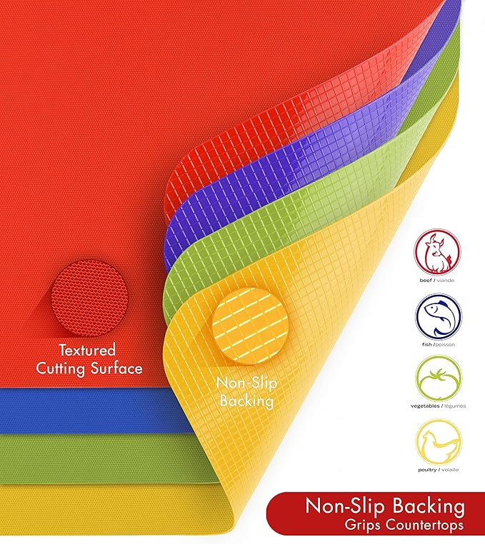 Dexas Heavy Duty Grippmat Flexible Cutting Board Set of Four, 11.5 x 14 inches, Blue, Green, Yellow and Red,6554PK
