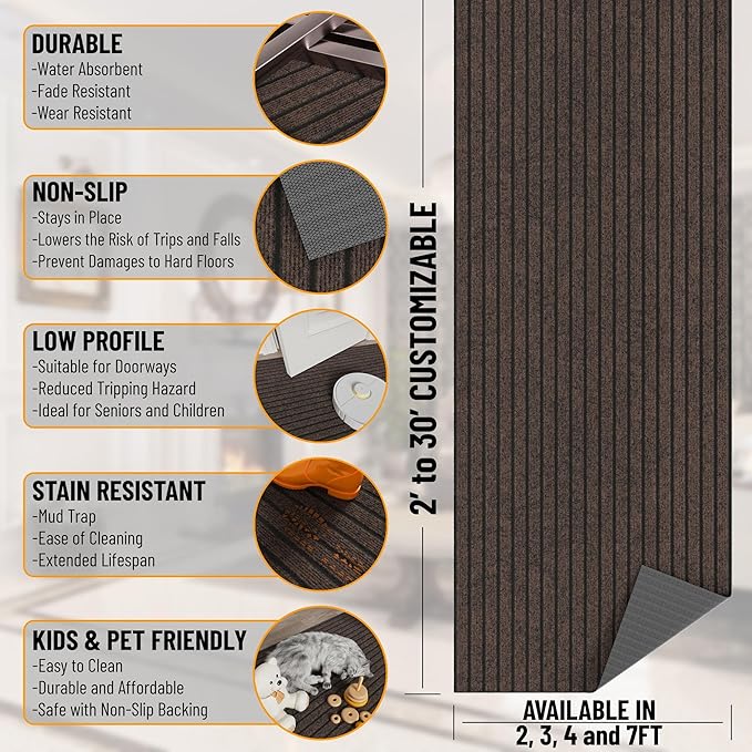 Ottomanson 2'7" x 10' Hallway Runner with Scraper Pile - Extra Durable Non-Slip Rug Mat for Indoor & Outdoor Use - Ideal for Kitchen, Entryway & Garage - High-Traffic Carpet, Brown