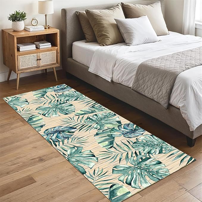 Tropical Palm Leaf Runner Rug 3.3x7 ft - Green Plant Pattern Non-Slip Rug, Stain Resistant Easy Clean for Hallway, Living Room, Bedroom Floor Mat