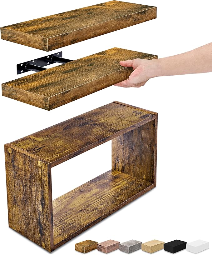 Sorbus Floating Shelves for Wall Set of 3 - Bathroom Shelves for Wall Storage, Over Toilet, Bedroom, Farmhouse, Decor - 2 Floating Shelves with Invisible Brackets & 1 Rectangular Box, Walnut
