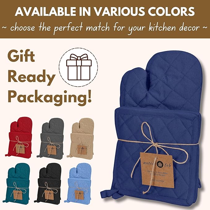 Native Fab 4 Piece Set - 2 Oven Mitts & 2 Potholders, Heat Resistant, 100% Cotton, Quilted Design, Non-Slip Grip, Machine Washable, Ideal for Baking, Cooking, BBQ, Kitchen Protection - Ink Blue