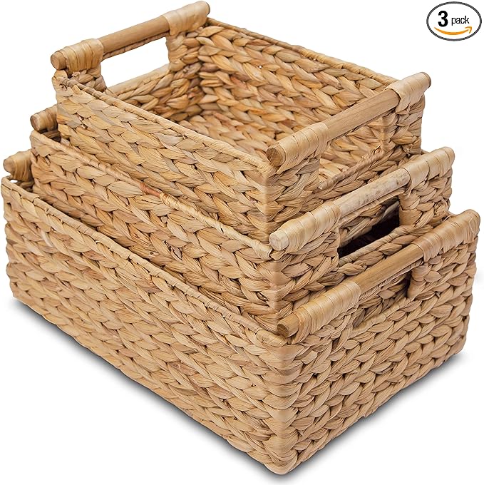 VATIMA Hyacinth Wicker Basket Set 3 size - Rectangular, Wooden Handles, Shelf Organizer, Natural Bins