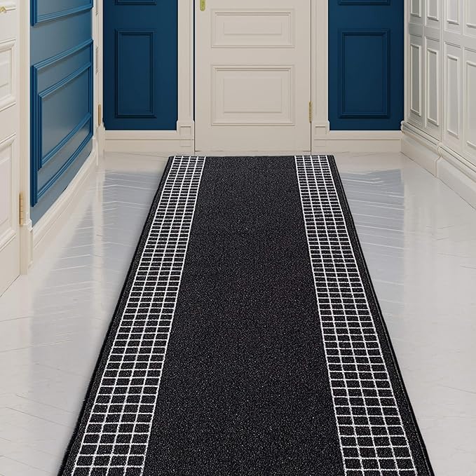Custom Made Runner Rug for Kitchen Foyer Hallway Entry Choose Your Length 26 Inch Wide Geometric Checkered Design Black Color (10 feet x 26 inch)