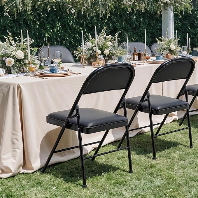 Simple Deluxe 4 Pack Folding Chairs with Padded Leather Cushion Seats & Durable Metal Frame, Comfortable, Foldable, Portable, Commercial Event Chair, Indoor Outdoor for Parties, Home, Office, Black