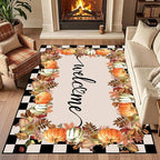 Checkered Area Rugs, 3x4ft, Black and White Check with Fall Leaves Pumpkin Autumn Harvest Carpet, Entrance Rubber Non Slip Breathable Fall Rug for Dining Room Laundry