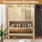 knoworld Shoe Storage Cabinet for Entryway with 2 Flip Drawers, 31.5" Narrow Fluted Shoe Organizer Cabinet, Slim Wooden Shoe Cabinet, Freestanding Hidden Shoe Cabinet for Entrance, Hallway (Natural)