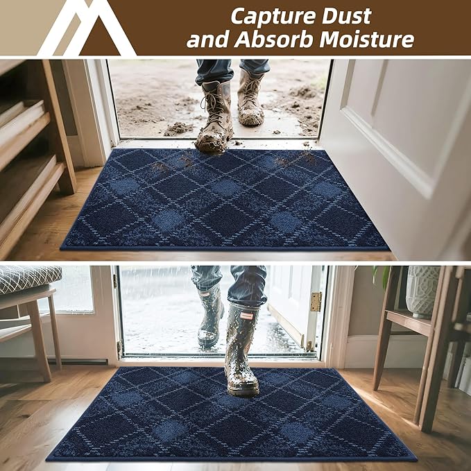COSY HOMEER Plaid Door Mat 24" x 36",Dirt Trapper Entryway Rugs,Non-Slip Washable Farmhouse Doormat,Low Profile Welcome Mats for Paws Navy Blue