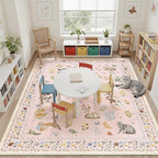 Soalmost Cat 9x12 Pink Area Rugs for Baby Girl Nursery, Washable Animal Floral Vintage Rug Non-Slip Low Pile Soft Throw Rugs for Living Room Dining Room Bedroom Playroom Classroom (9 x 12,Pink)