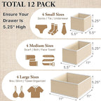 Simple Houseware Foldable Drawer Organizer Set of 12, Beige – Fabric Storage Bins for Clothes, Underwear, Bra, Panty, Socks, Onesies – Closet & Dresser Drawer Dividers for Home Organization