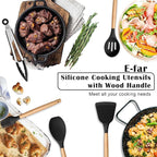 E-far Black Kitchen Utensils Set with Holder, 25-Piece Silicone Cooking Utensil Set with Wooden Handle for Nonstick Cookware, 446°F Heat Resistant Kitchen Tool Spatula Tongs Whisk, Non-toxic & Healthy